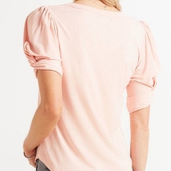 Evereve Top Stevie Twist Sleeve Ribbed Pastel Pink Peach Stretchy Scoop Neck XS - Picture 2 of 14